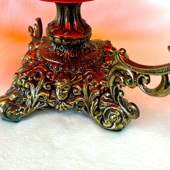 Mid Century orange glass centrepiece with cast metal Medusa faces base - Picture 5 of 15